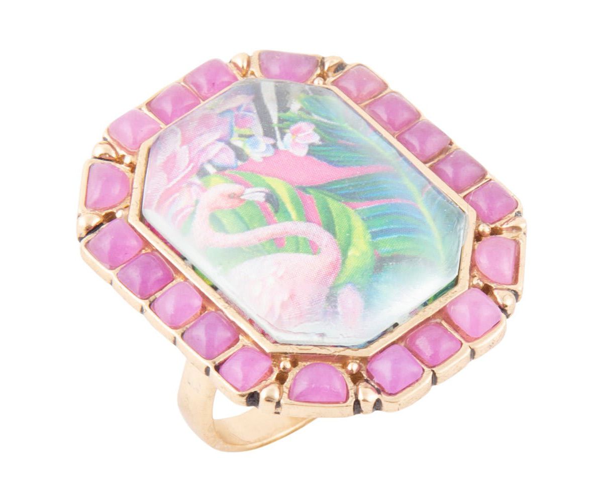 Flamingo Pink Agate Golden Statement Ring