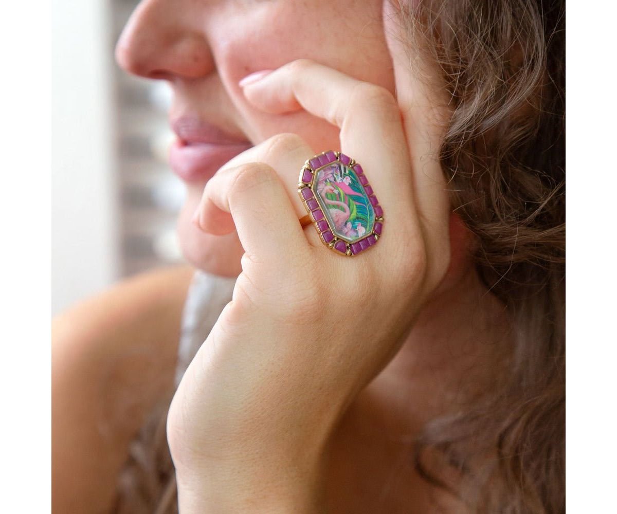 Flamingo Pink Agate Golden Statement Ring