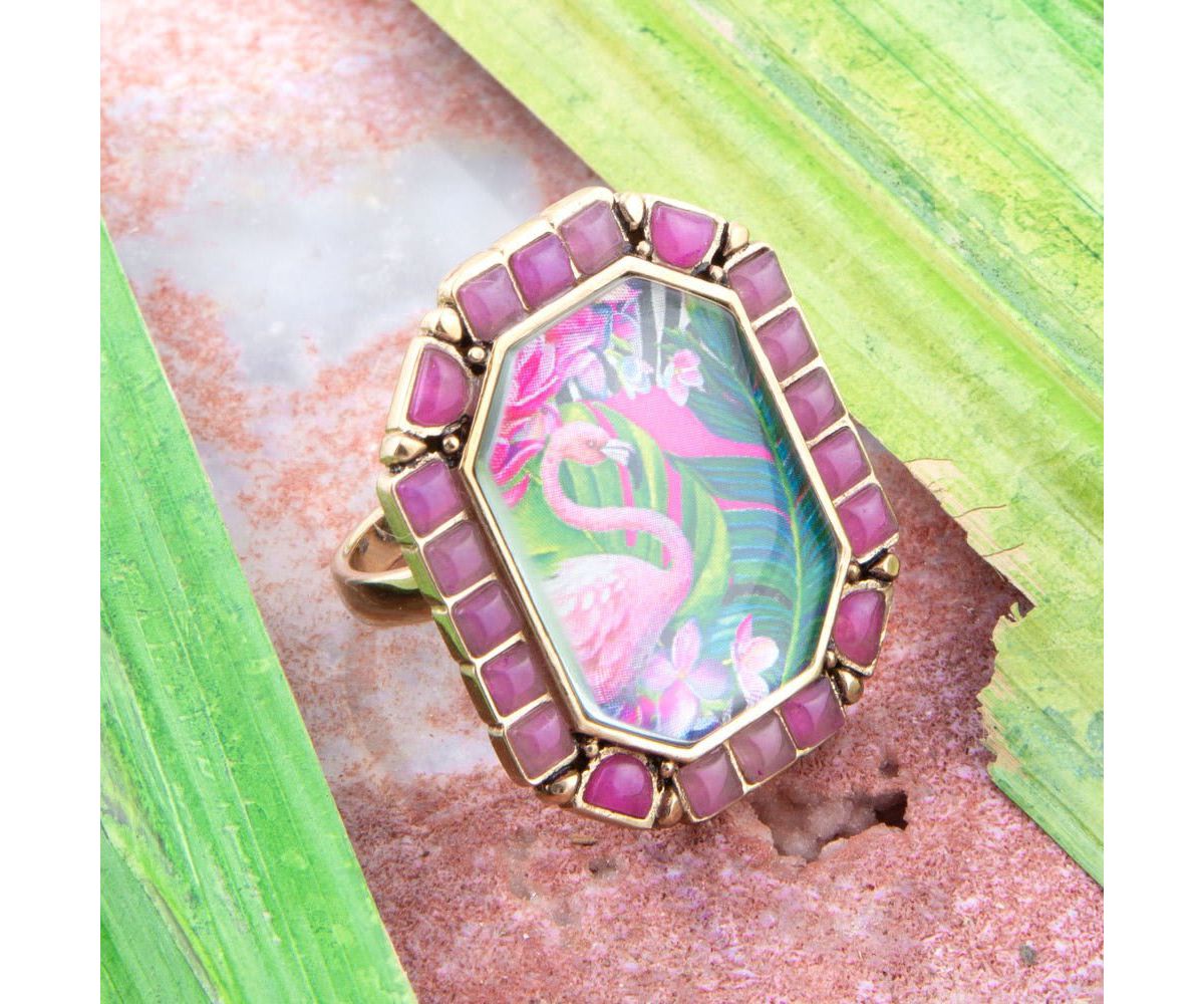 Flamingo Pink Agate Golden Statement Ring