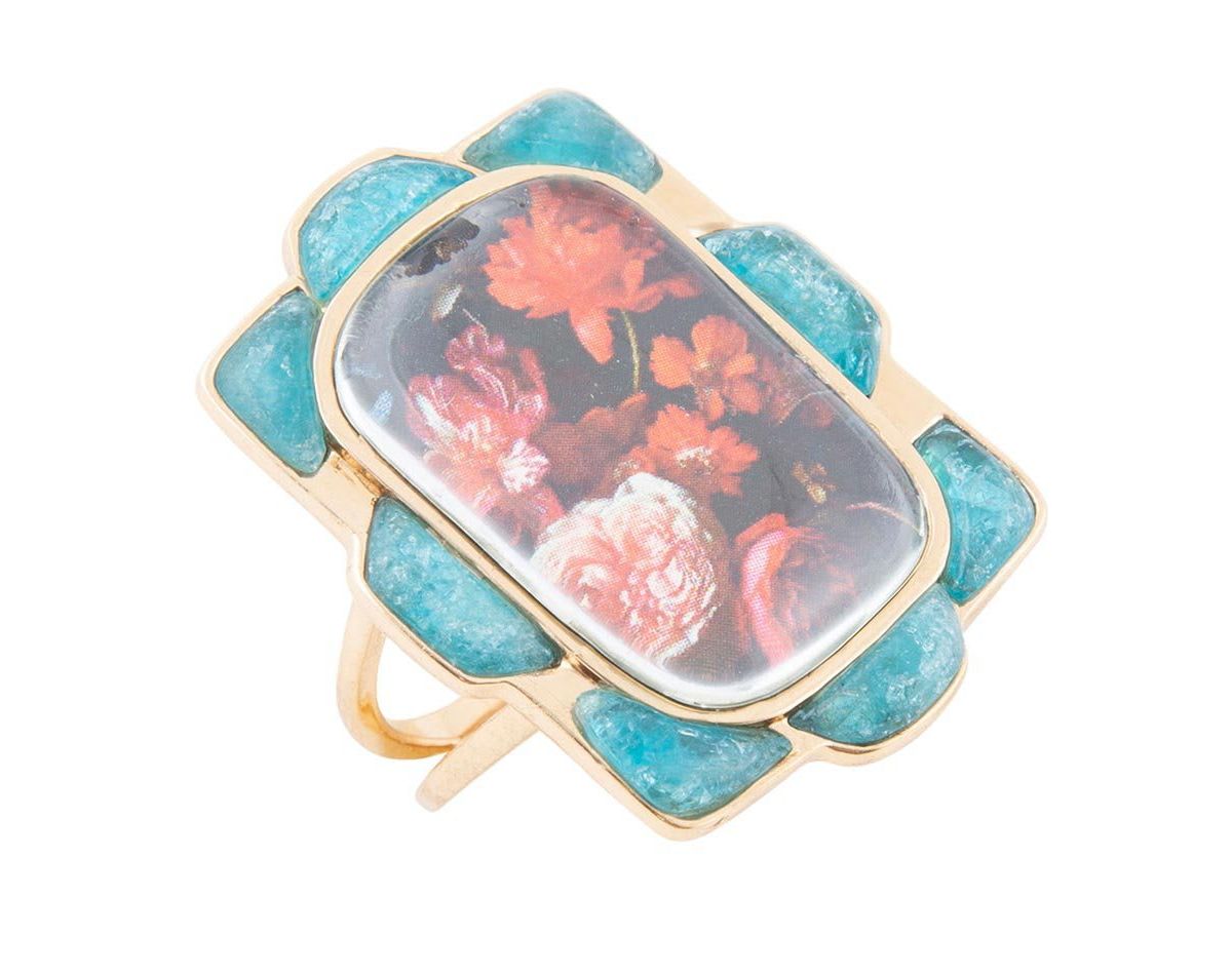 Scenic Red Florals Blue Apatite Golden Statement Ring