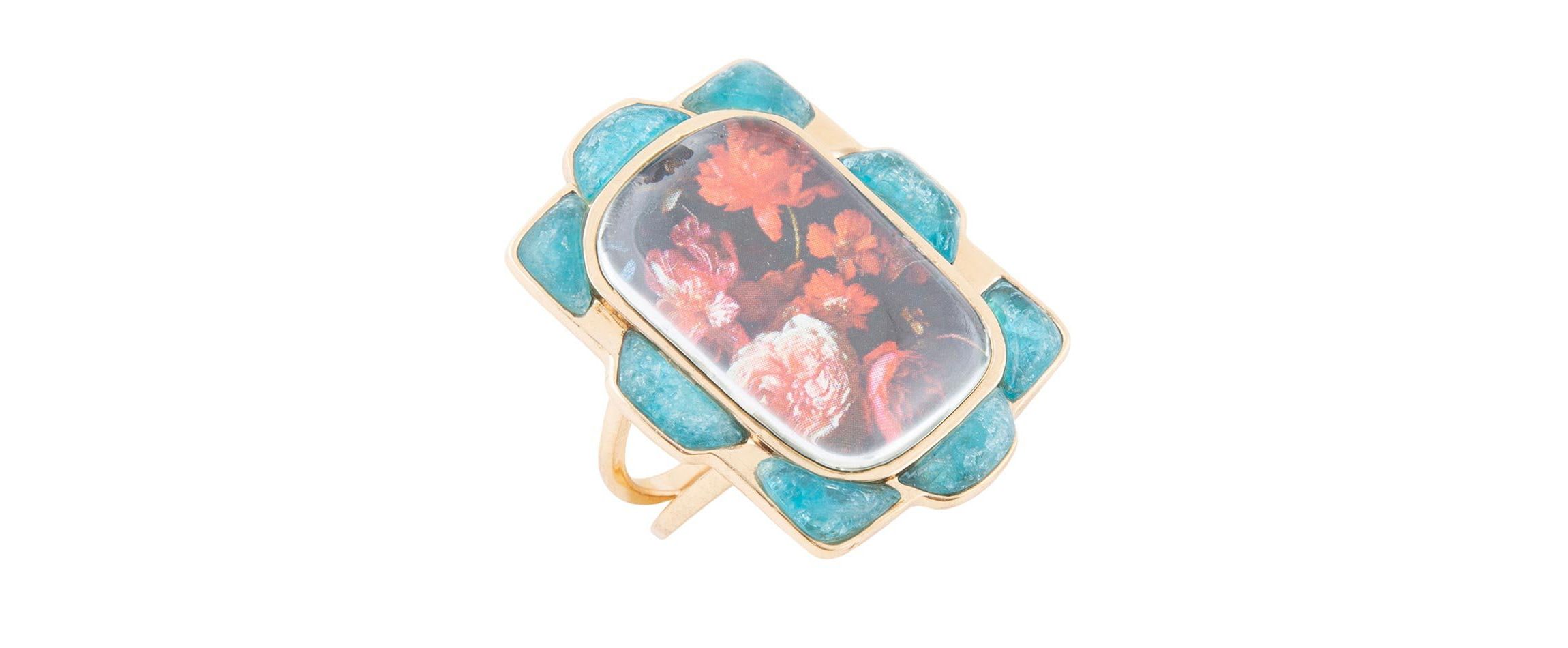Scenic Red Florals Blue Apatite Golden Statement Ring
