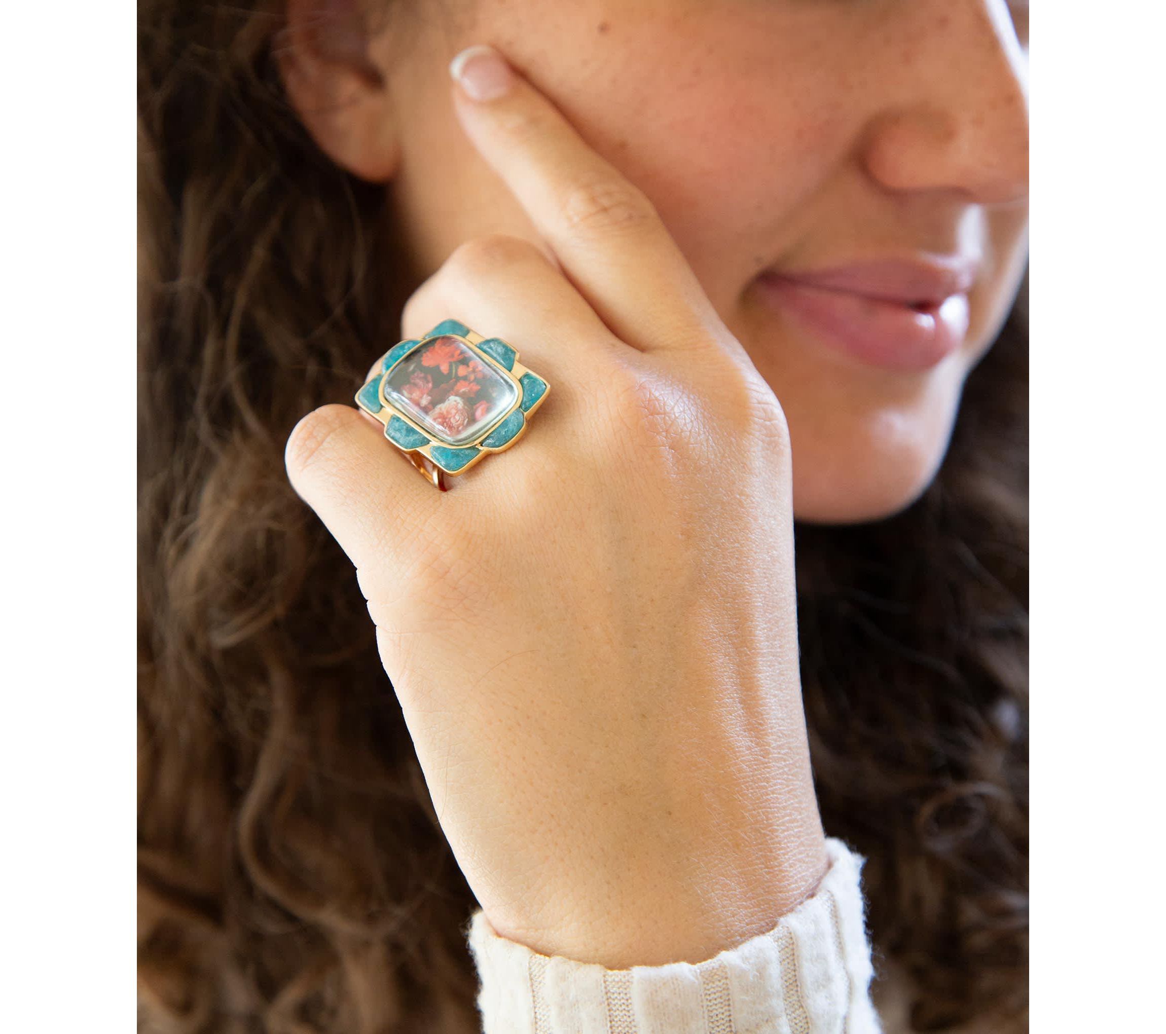 Scenic Red Florals Blue Apatite Golden Statement Ring