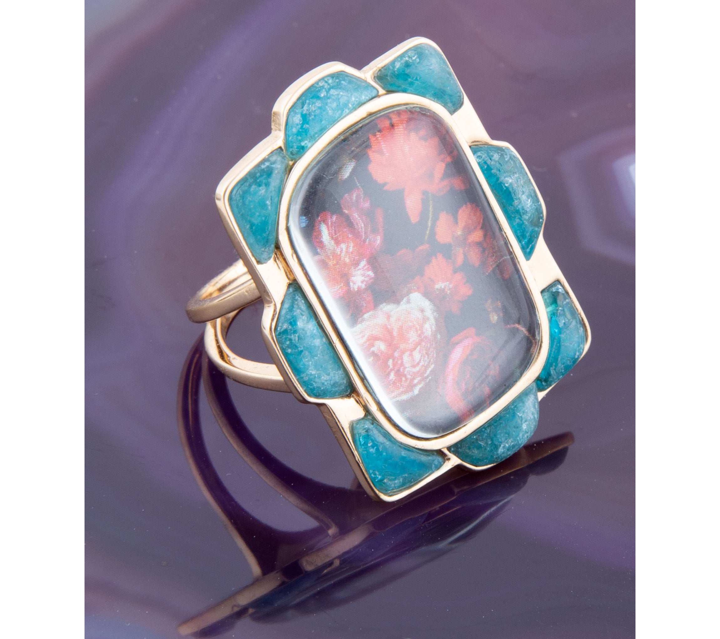 Scenic Red Florals Blue Apatite Golden Statement Ring