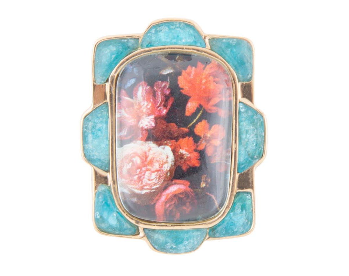 Scenic Red Florals Blue Apatite Golden Statement Ring
