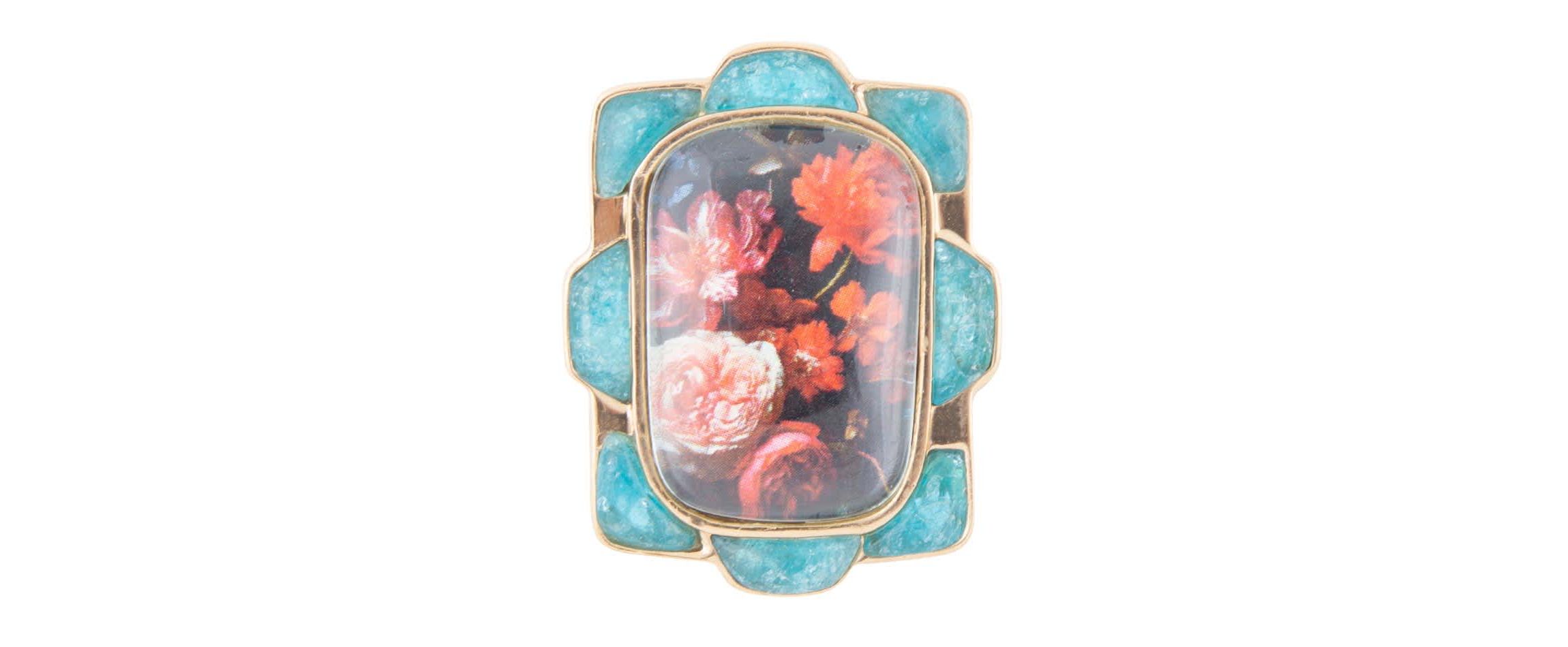 Scenic Red Florals Blue Apatite Golden Statement Ring