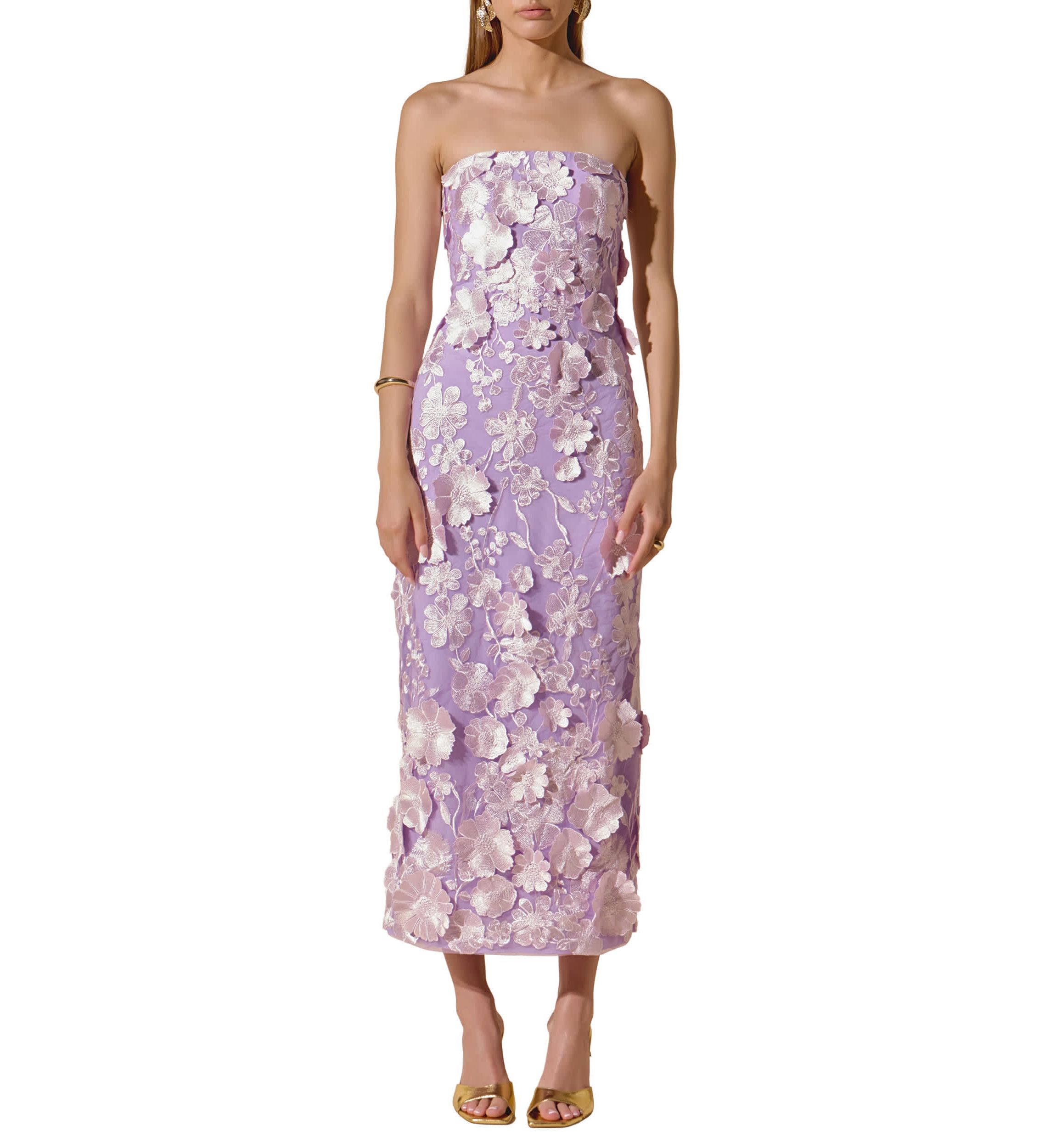 Strapless 3D applique Midi Dress
