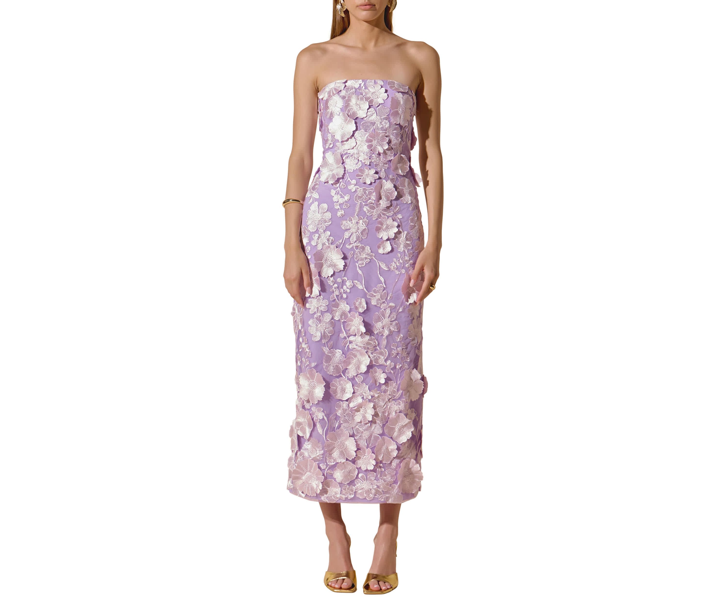 Strapless 3D applique Midi Dress