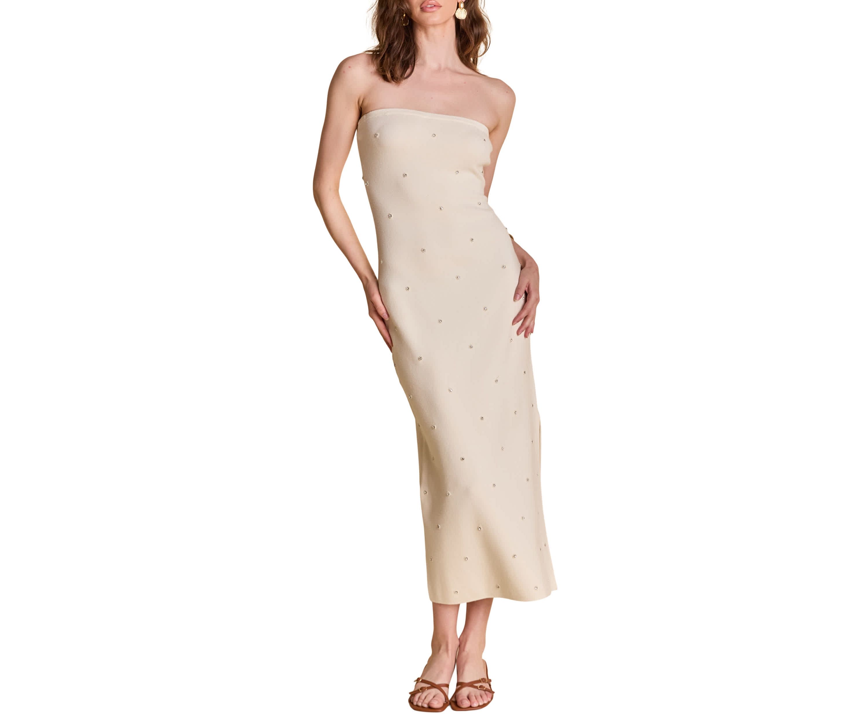 Embellished Strapless Knit Midi Dress