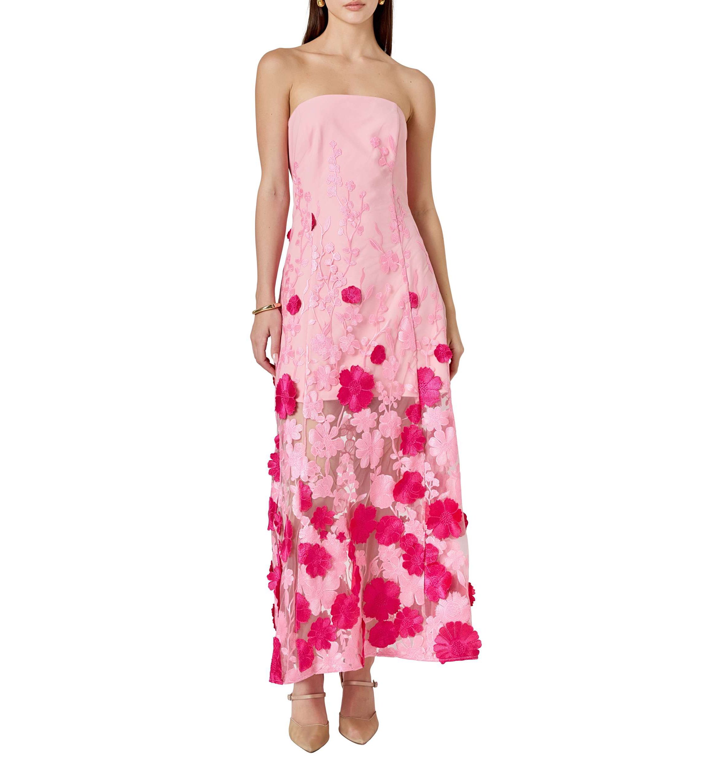 Embroidered 3D Applique Strapless Maxi Dress
