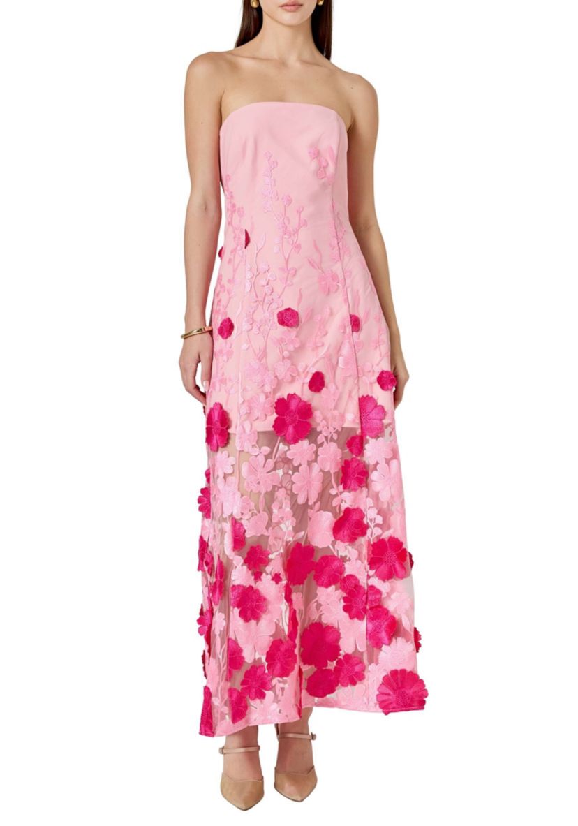 Embroidered 3D Applique Strapless Maxi Dress