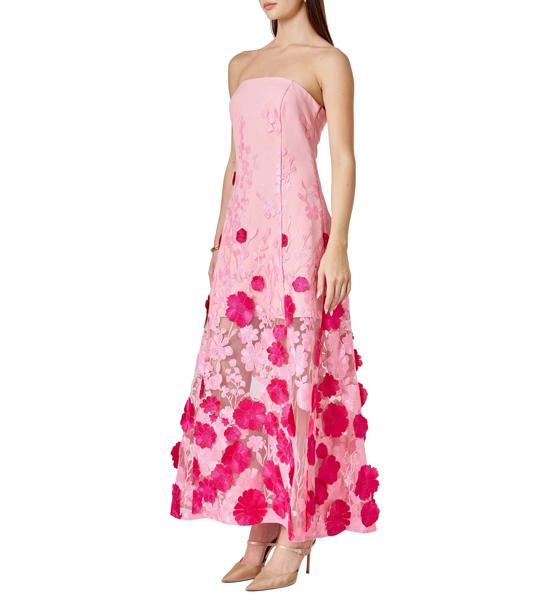 Embroidered 3D Applique Strapless Maxi Dress