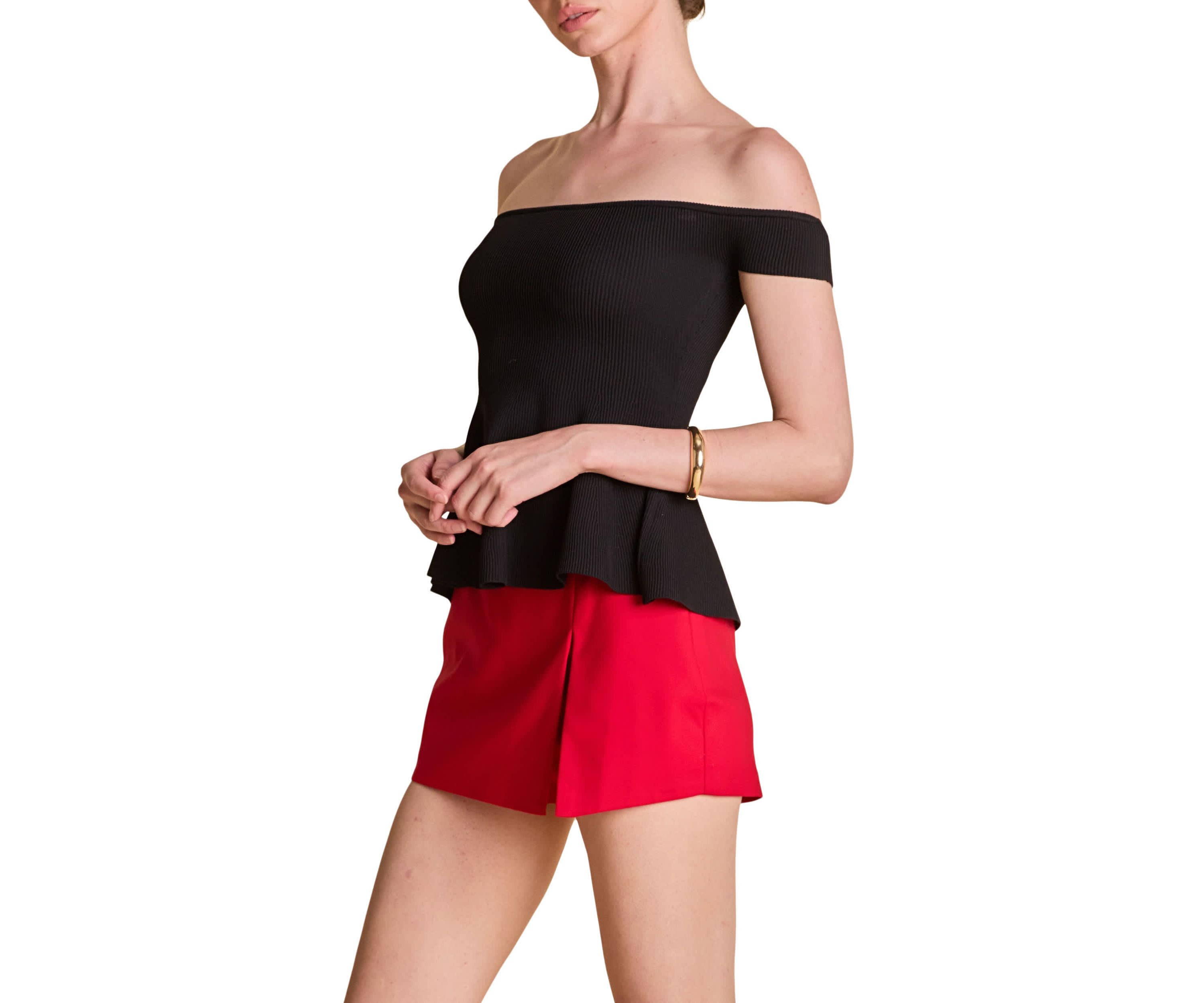 Knit Pleated Off Shoulder Top