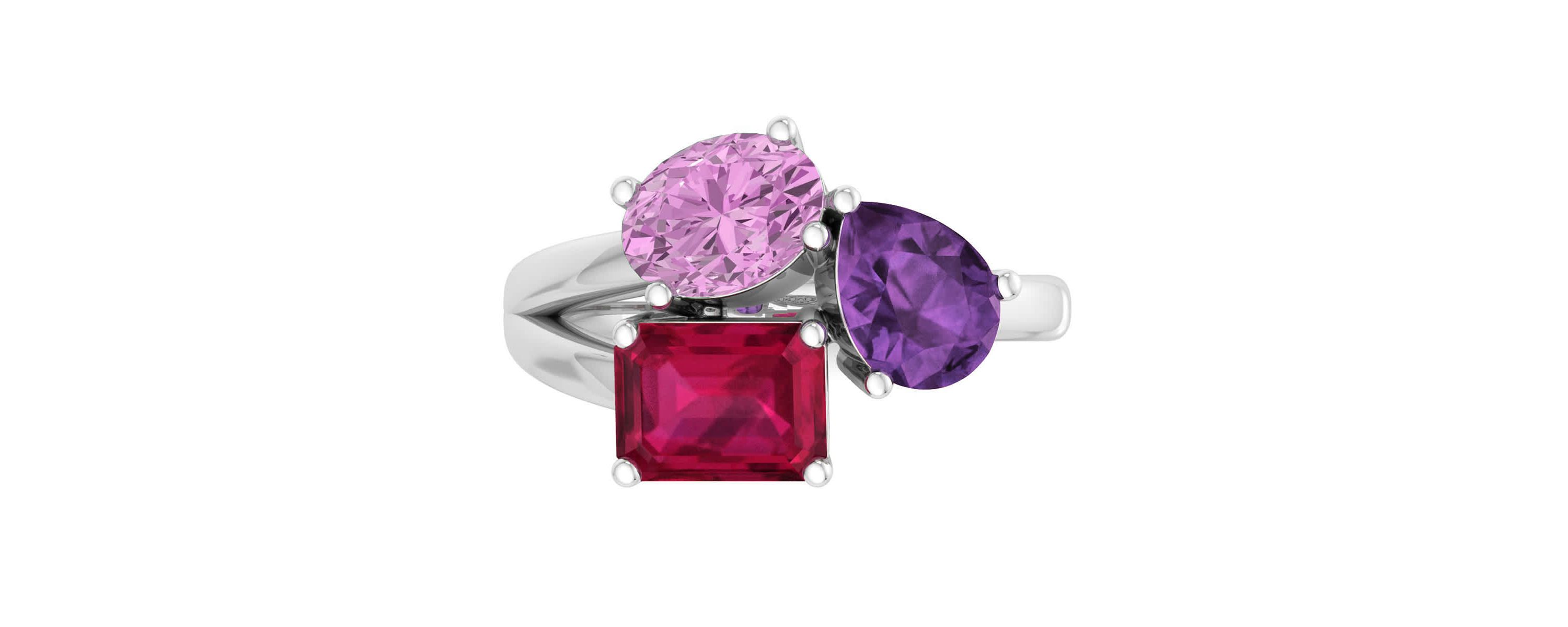 Lab Created Martha Stewart 3 3/4 Carat Pink Sapphire, Amethyst and Ruby Three Stone Cluster Ring In Sterling Silver