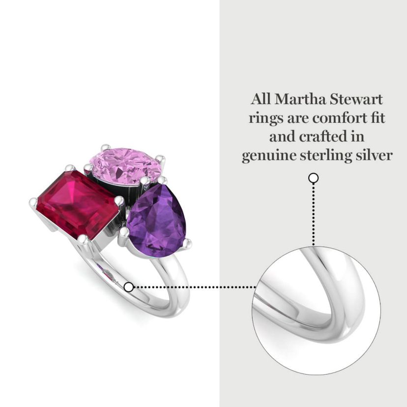 Lab Created Martha Stewart 3 3/4 Carat Pink Sapphire, Amethyst and Ruby Three Stone Cluster Ring In Sterling Silver