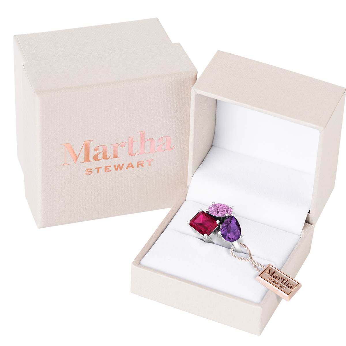 Lab Created Martha Stewart 3 3/4 Carat Pink Sapphire, Amethyst and Ruby Three Stone Cluster Ring In Sterling Silver