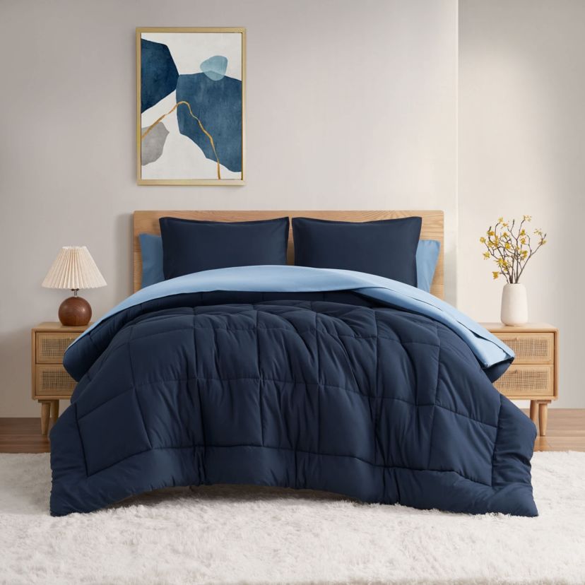 Solid Reversible Blue 5-7 Piece Soft Microfiber Comforter Set With Sheet Set