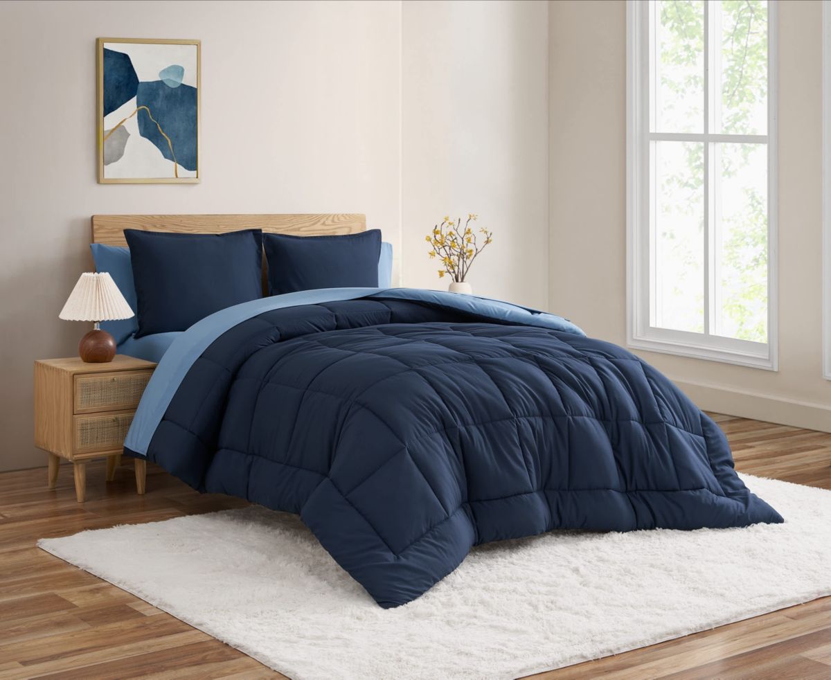 Solid Reversible Blue 5-7 Piece Soft Microfiber Comforter Set With Sheet Set