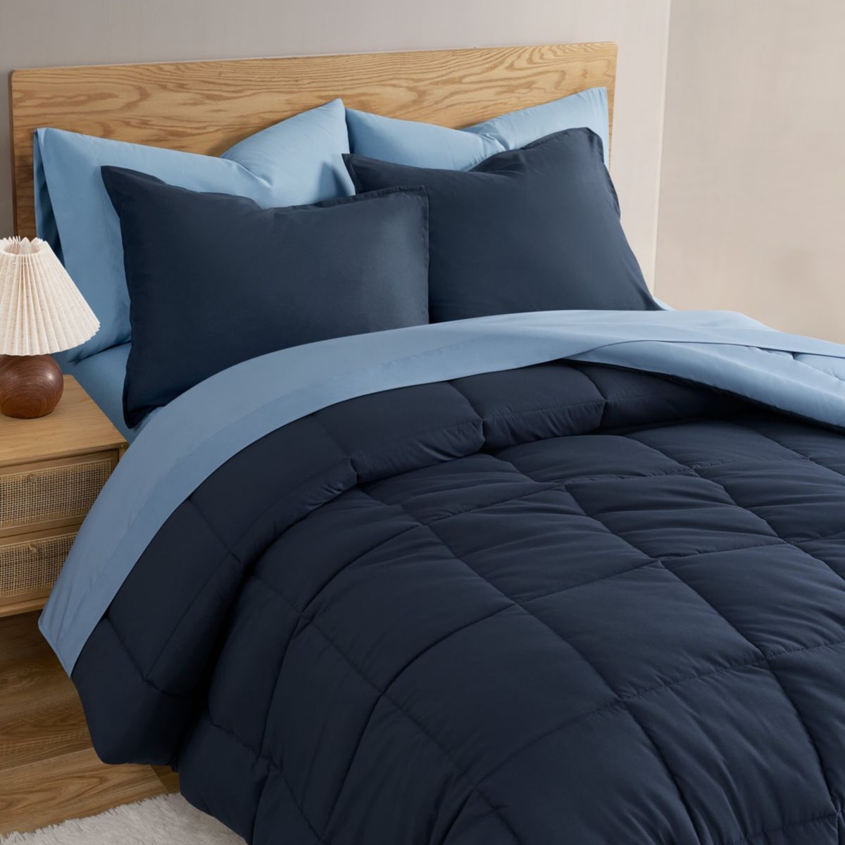 Solid Reversible Blue 5-7 Piece Soft Microfiber Comforter Set With Sheet Set