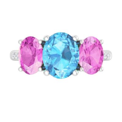Lab Created Martha Stewart 5 Carat Oval Shape Gemstone and Lab Grown Diamond Three Stone Plus Ring In Sterling Silver, Blue