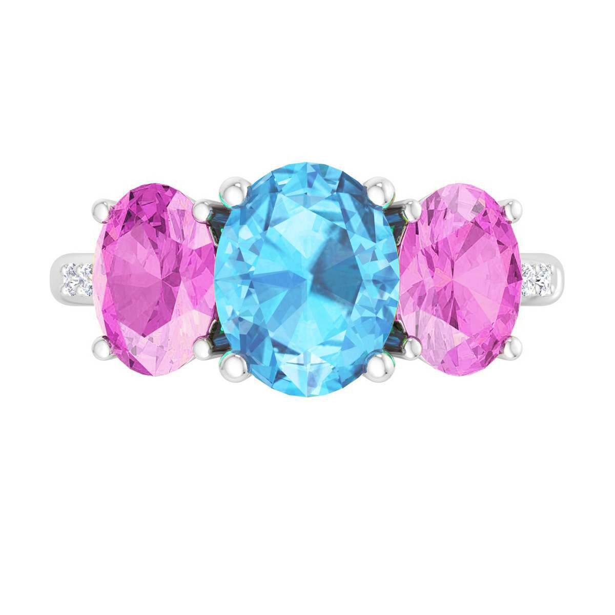 Lab Created Martha Stewart 5 Carat Oval Shape Blue Topaz, Pink Sapphire and Lab Grown Diamond Three Stone Plus Ring In Sterling Silver