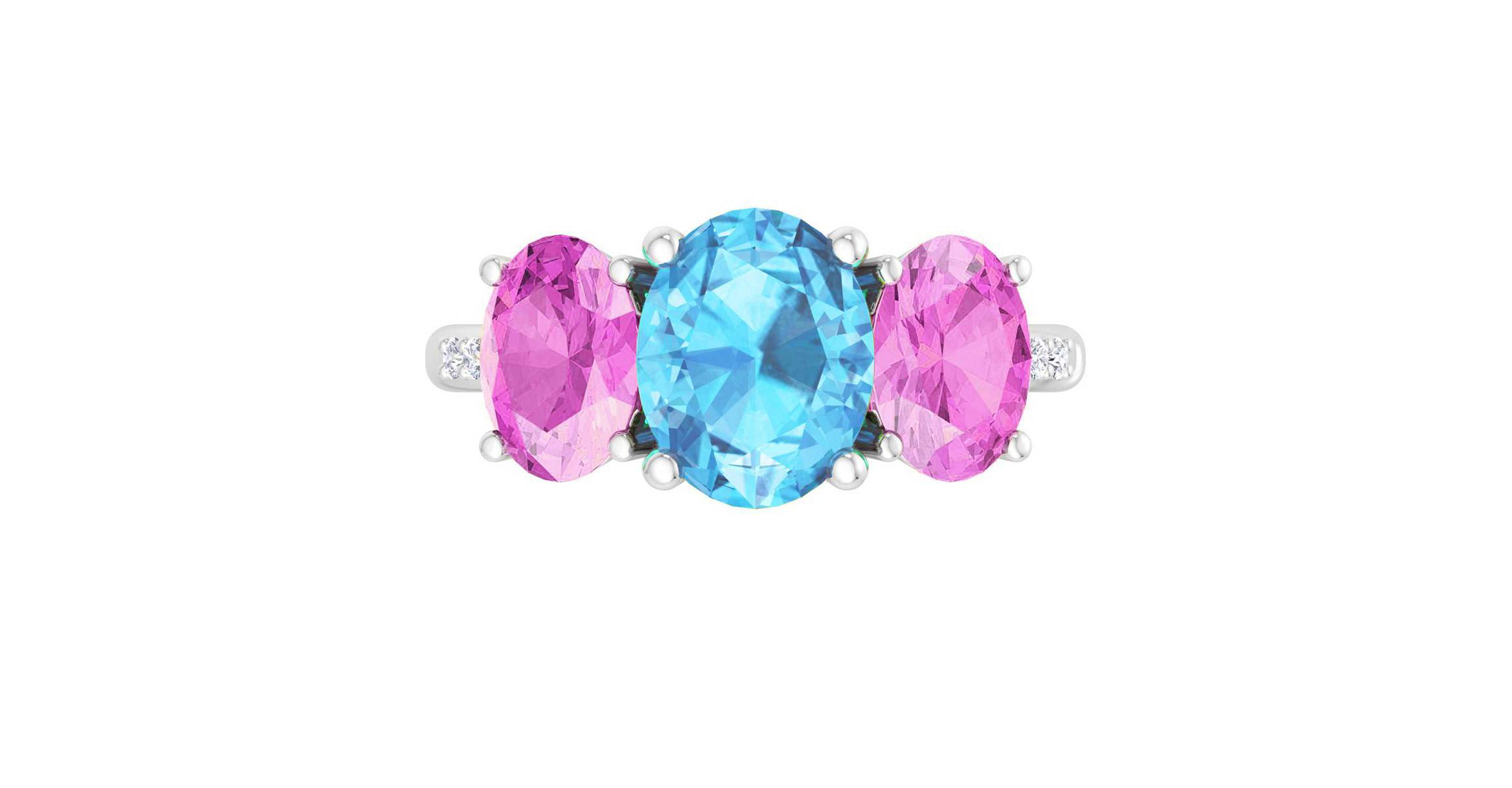 Lab Created Martha Stewart 5 Carat Oval Shape Blue Topaz, Pink Sapphire and Lab Grown Diamond Three Stone Plus Ring In Sterling Silver