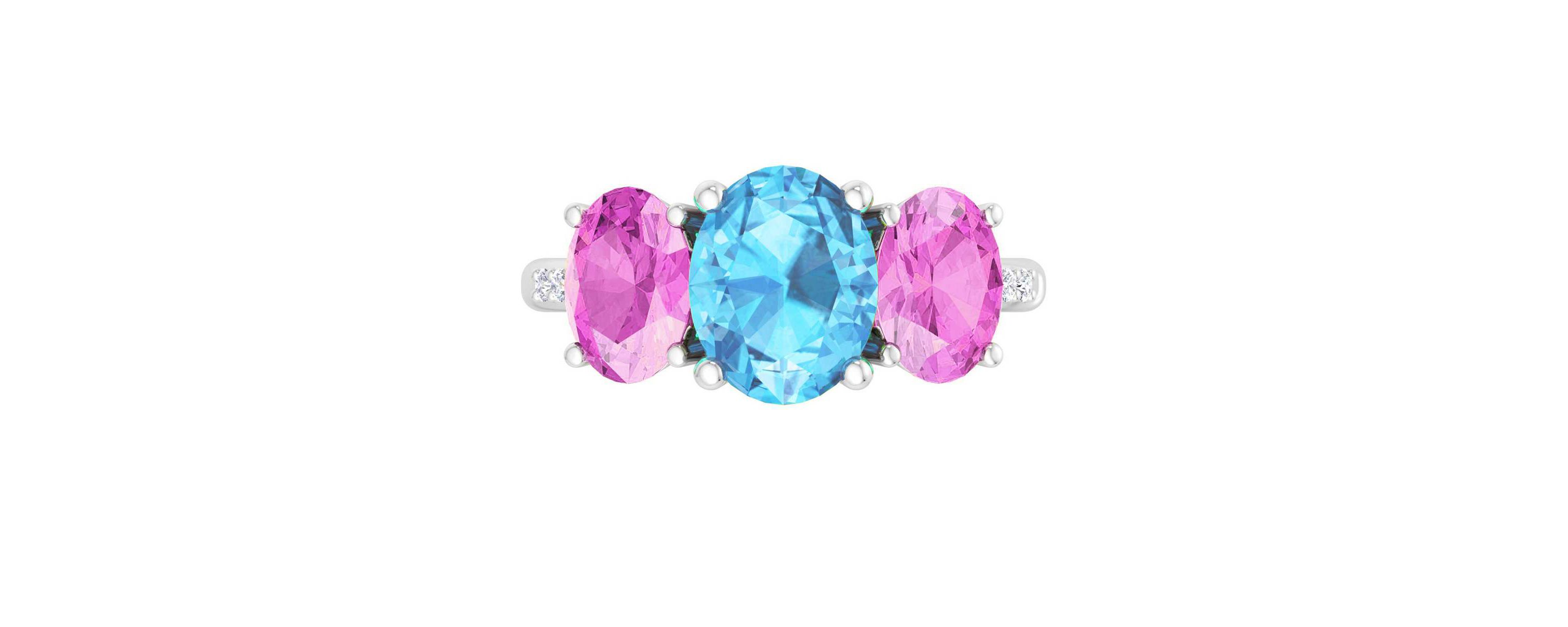 Lab Created Martha Stewart 5 Carat Oval Shape Blue Topaz, Pink Sapphire and Lab Grown Diamond Three Stone Plus Ring In Sterling Silver