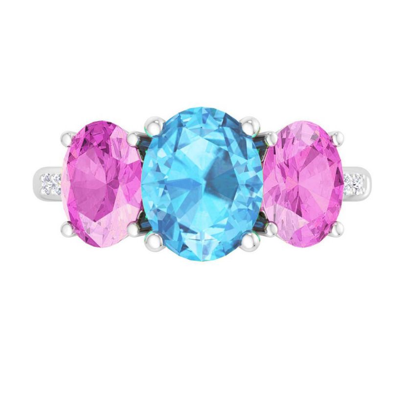 Lab Created Martha Stewart 5 Carat Oval Shape Blue Topaz, Pink Sapphire and Lab Grown Diamond Three Stone Plus Ring In Sterling Silver