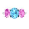 Lab Created Martha Stewart 5 Carat Oval Shape Blue Topaz, Pink Sapphire and Lab Grown Diamond Three Stone Plus Ring In Sterling Silver