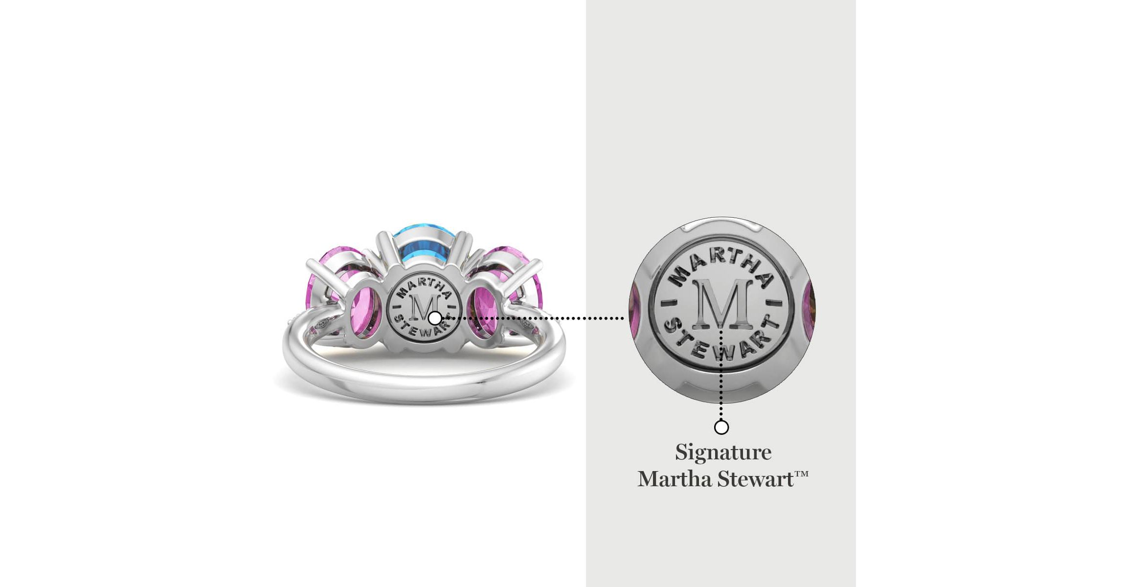 Lab Created Martha Stewart 5 Carat Oval Shape Blue Topaz, Pink Sapphire and Lab Grown Diamond Three Stone Plus Ring In Sterling Silver