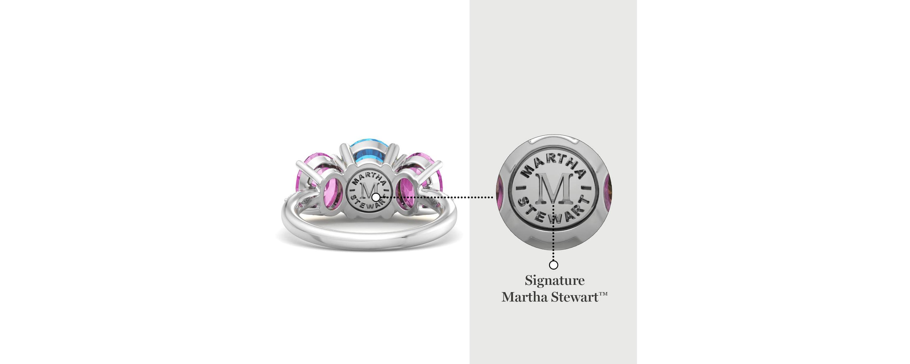 Lab Created Martha Stewart 5 Carat Oval Shape Blue Topaz, Pink Sapphire and Lab Grown Diamond Three Stone Plus Ring In Sterling Silver