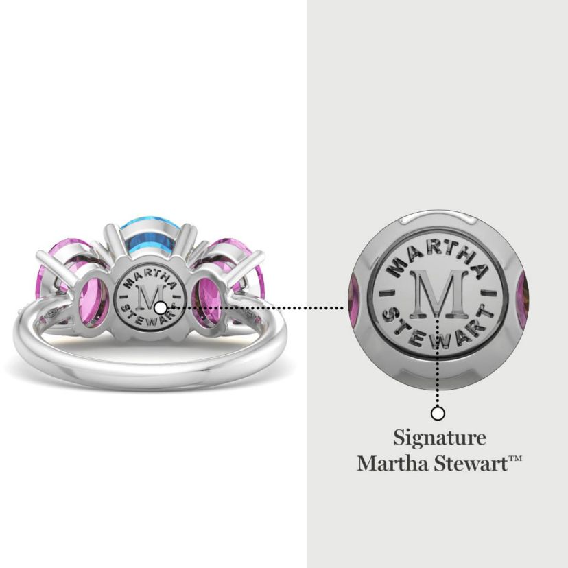 Lab Created Martha Stewart 5 Carat Oval Shape Blue Topaz, Pink Sapphire and Lab Grown Diamond Three Stone Plus Ring In Sterling Silver
