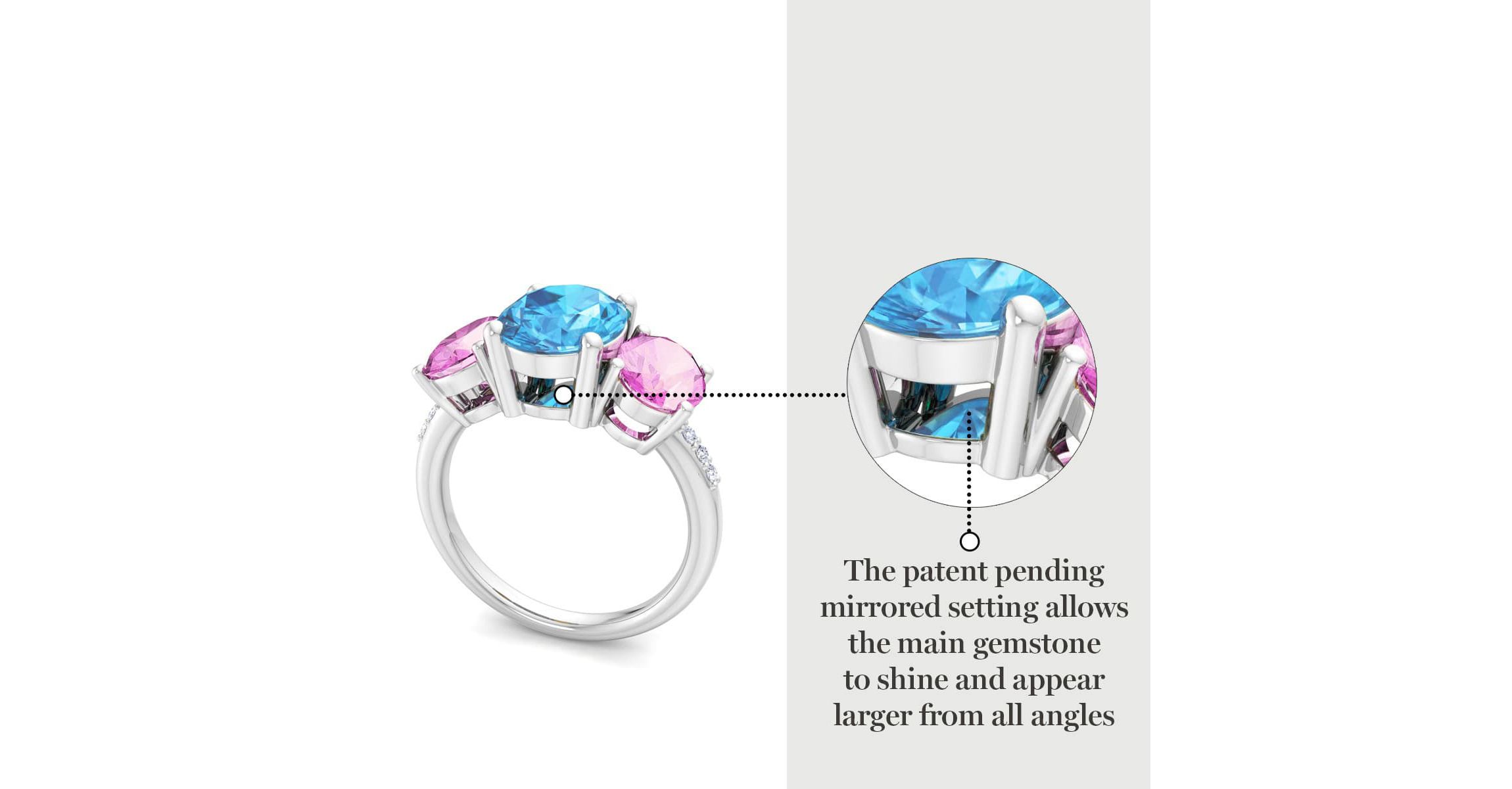 Lab Created Martha Stewart 5 Carat Oval Shape Blue Topaz, Pink Sapphire and Lab Grown Diamond Three Stone Plus Ring In Sterling Silver