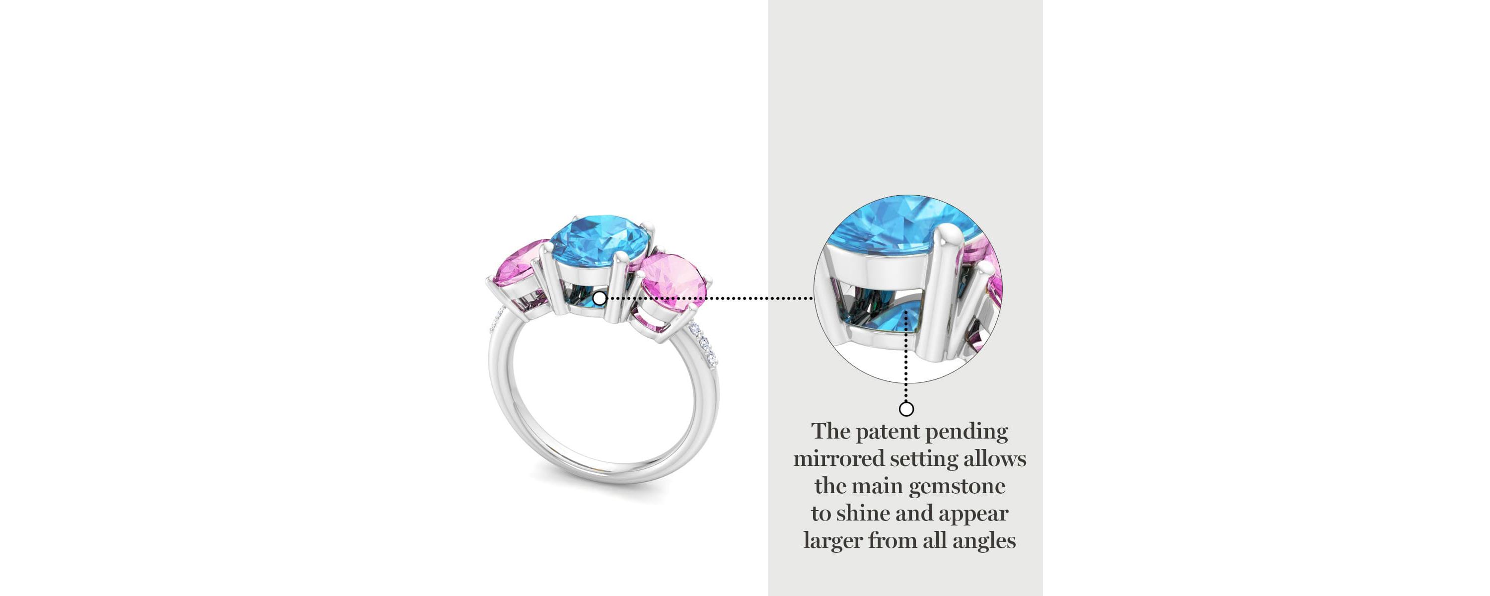 Lab Created Martha Stewart 5 Carat Oval Shape Blue Topaz, Pink Sapphire and Lab Grown Diamond Three Stone Plus Ring In Sterling Silver