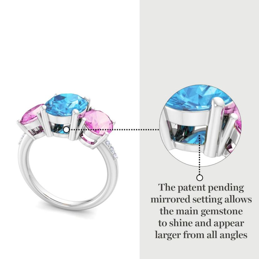 Lab Created Martha Stewart 5 Carat Oval Shape Blue Topaz, Pink Sapphire and Lab Grown Diamond Three Stone Plus Ring In Sterling Silver