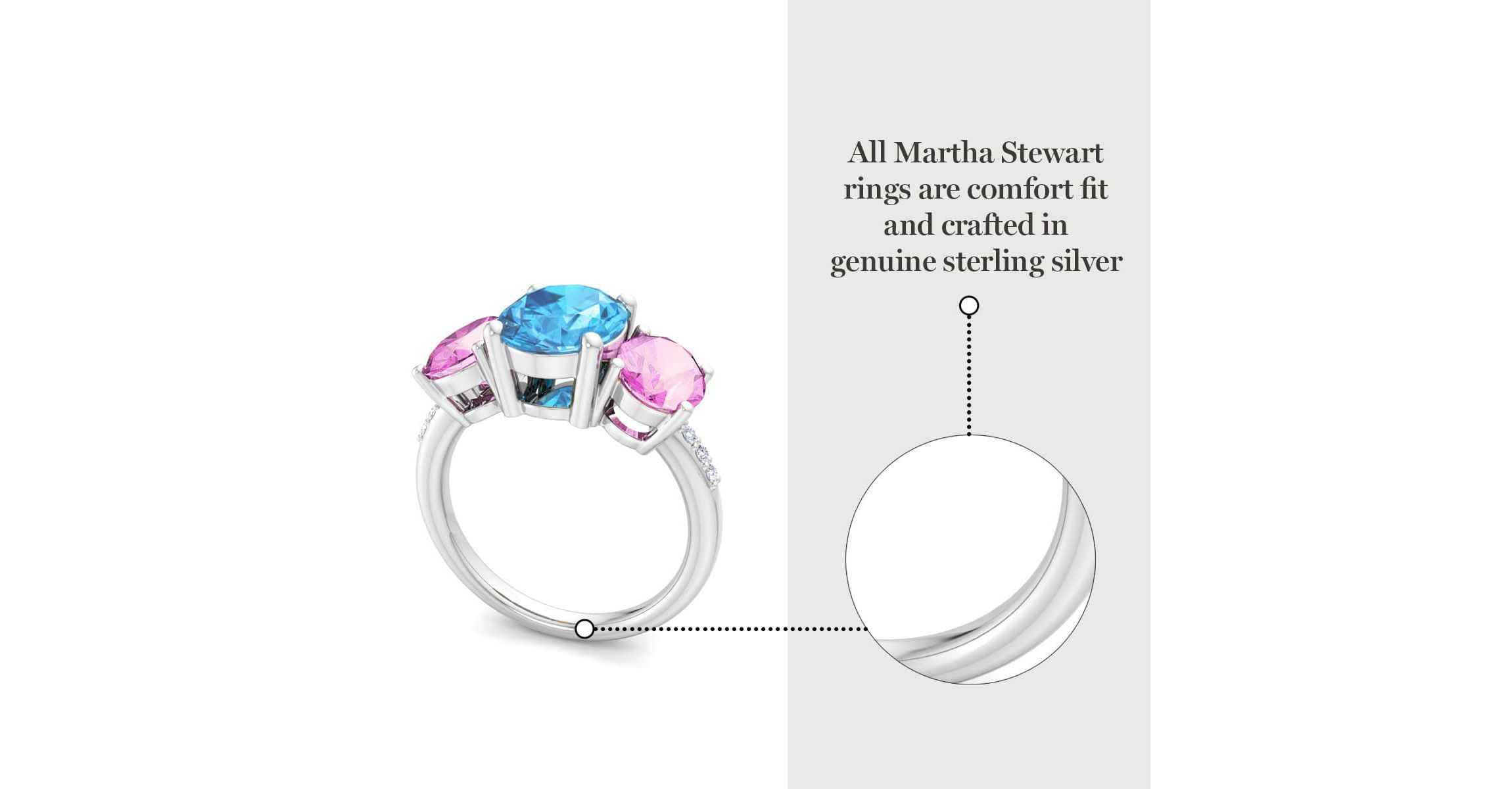 Lab Created Martha Stewart 5 Carat Oval Shape Blue Topaz, Pink Sapphire and Lab Grown Diamond Three Stone Plus Ring In Sterling Silver