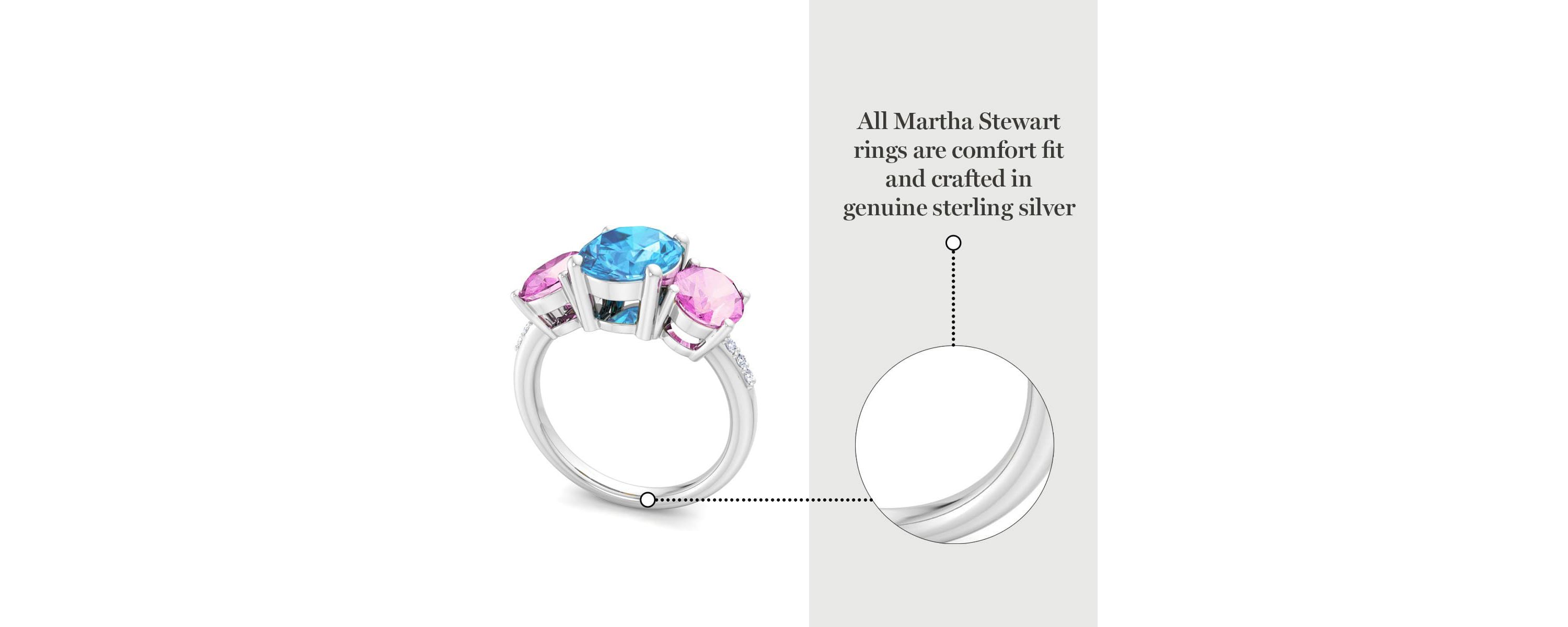 Lab Created Martha Stewart 5 Carat Oval Shape Blue Topaz, Pink Sapphire and Lab Grown Diamond Three Stone Plus Ring In Sterling Silver