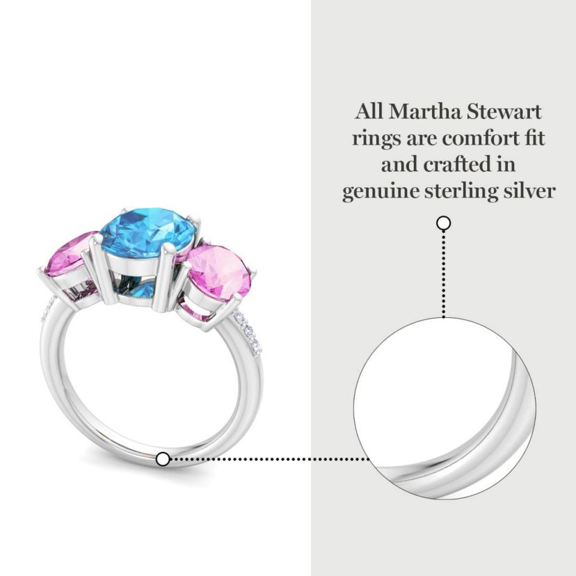 Lab Created Martha Stewart 5 Carat Oval Shape Blue Topaz, Pink Sapphire and Lab Grown Diamond Three Stone Plus Ring In Sterling Silver
