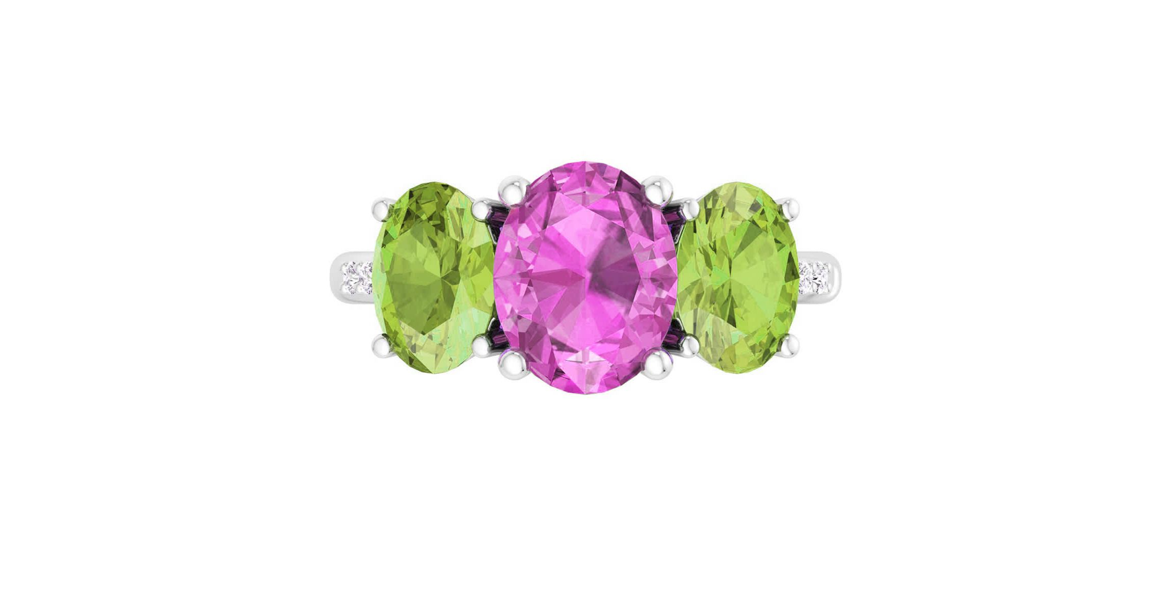 Lab Created Martha Stewart 5 Carat Oval Shape Pink Sapphire, Peridot and Lab Grown Diamond Three Stone Plus Ring In Sterling Silver