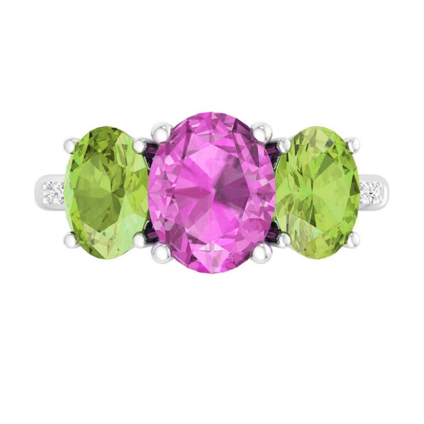 Lab Created Martha Stewart 5 Carat Oval Shape Pink Sapphire, Peridot and Lab Grown Diamond Three Stone Plus Ring In Sterling Silver