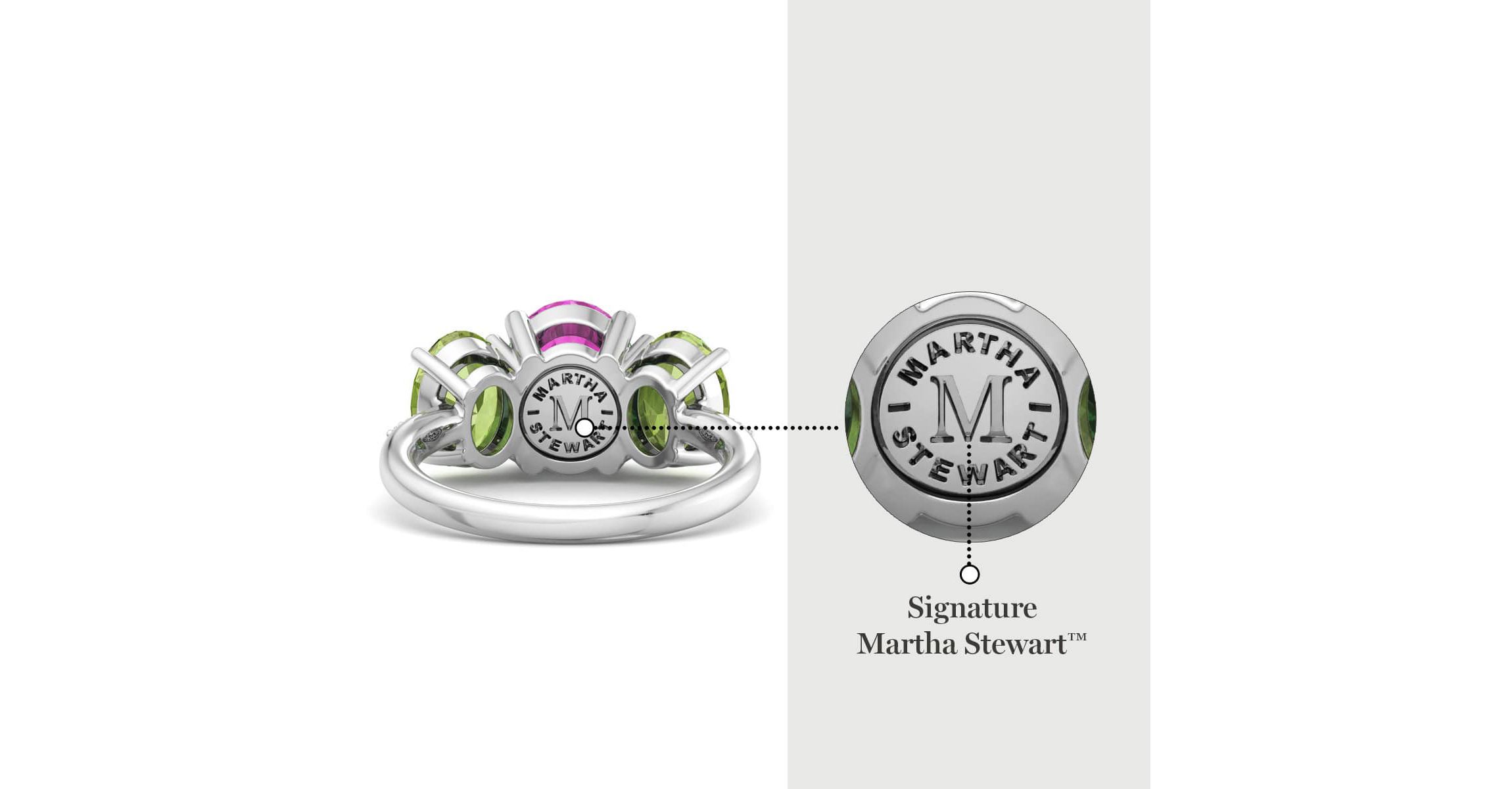 Lab Created Martha Stewart 5 Carat Oval Shape Pink Sapphire, Peridot and Lab Grown Diamond Three Stone Plus Ring In Sterling Silver