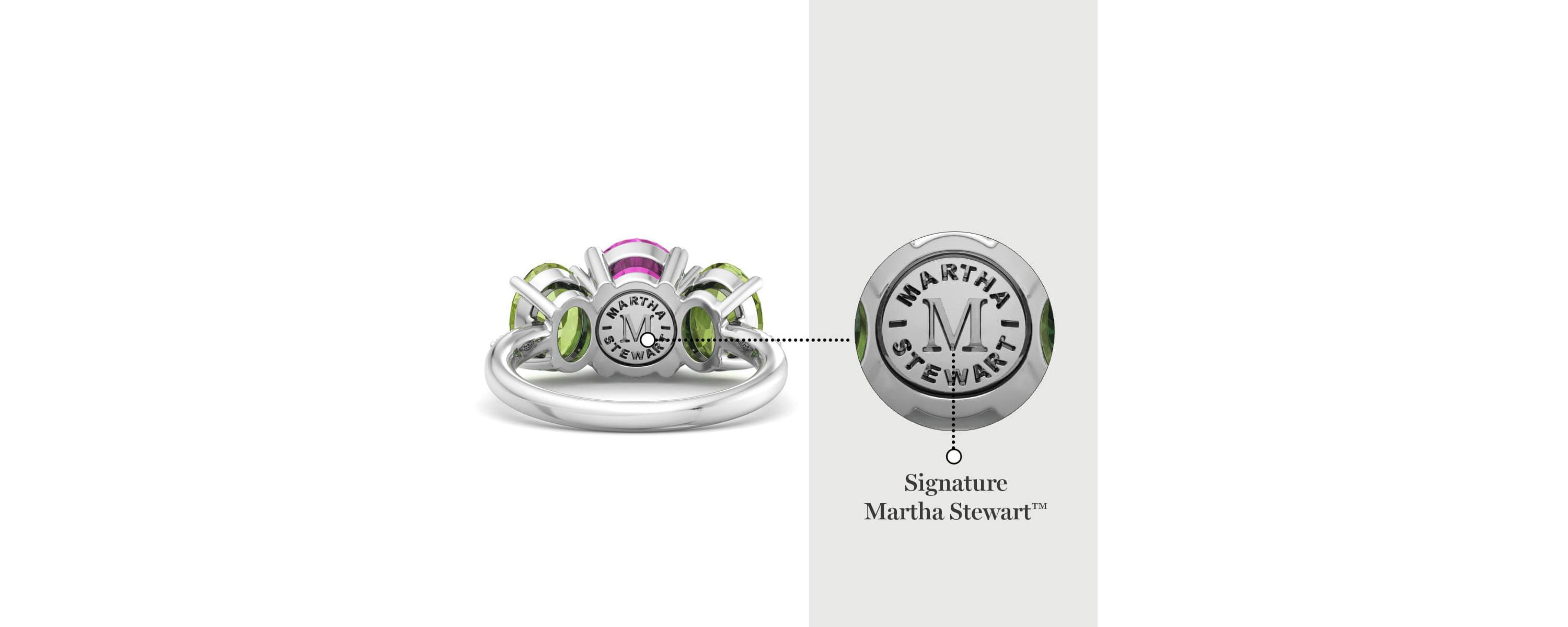 Lab Created Martha Stewart 5 Carat Oval Shape Pink Sapphire, Peridot and Lab Grown Diamond Three Stone Plus Ring In Sterling Silver