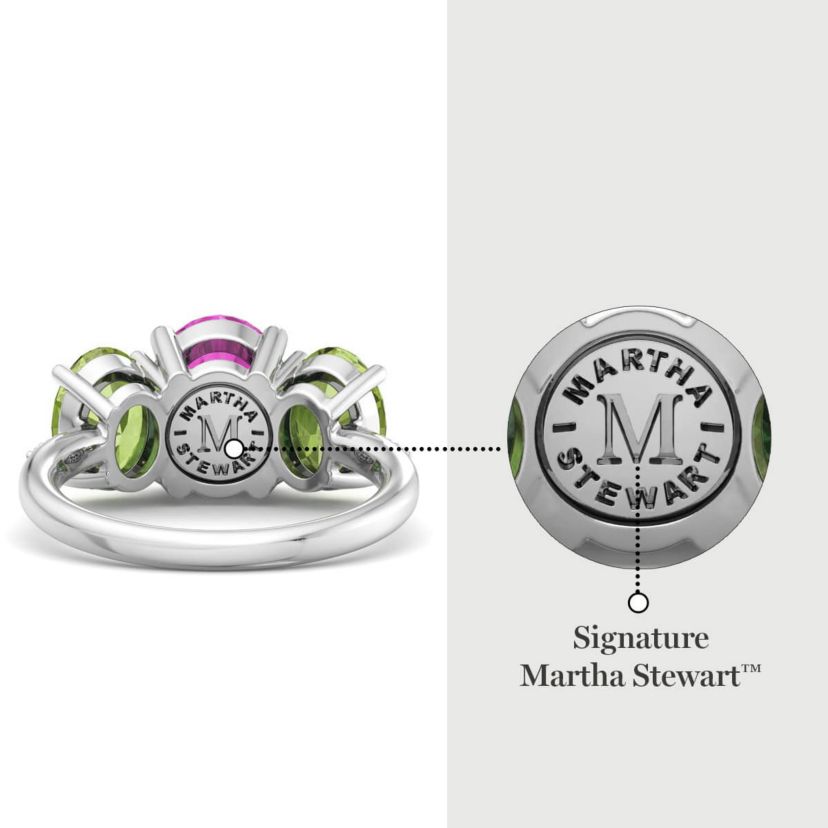 Lab Created Martha Stewart 5 Carat Oval Shape Pink Sapphire, Peridot and Lab Grown Diamond Three Stone Plus Ring In Sterling Silver