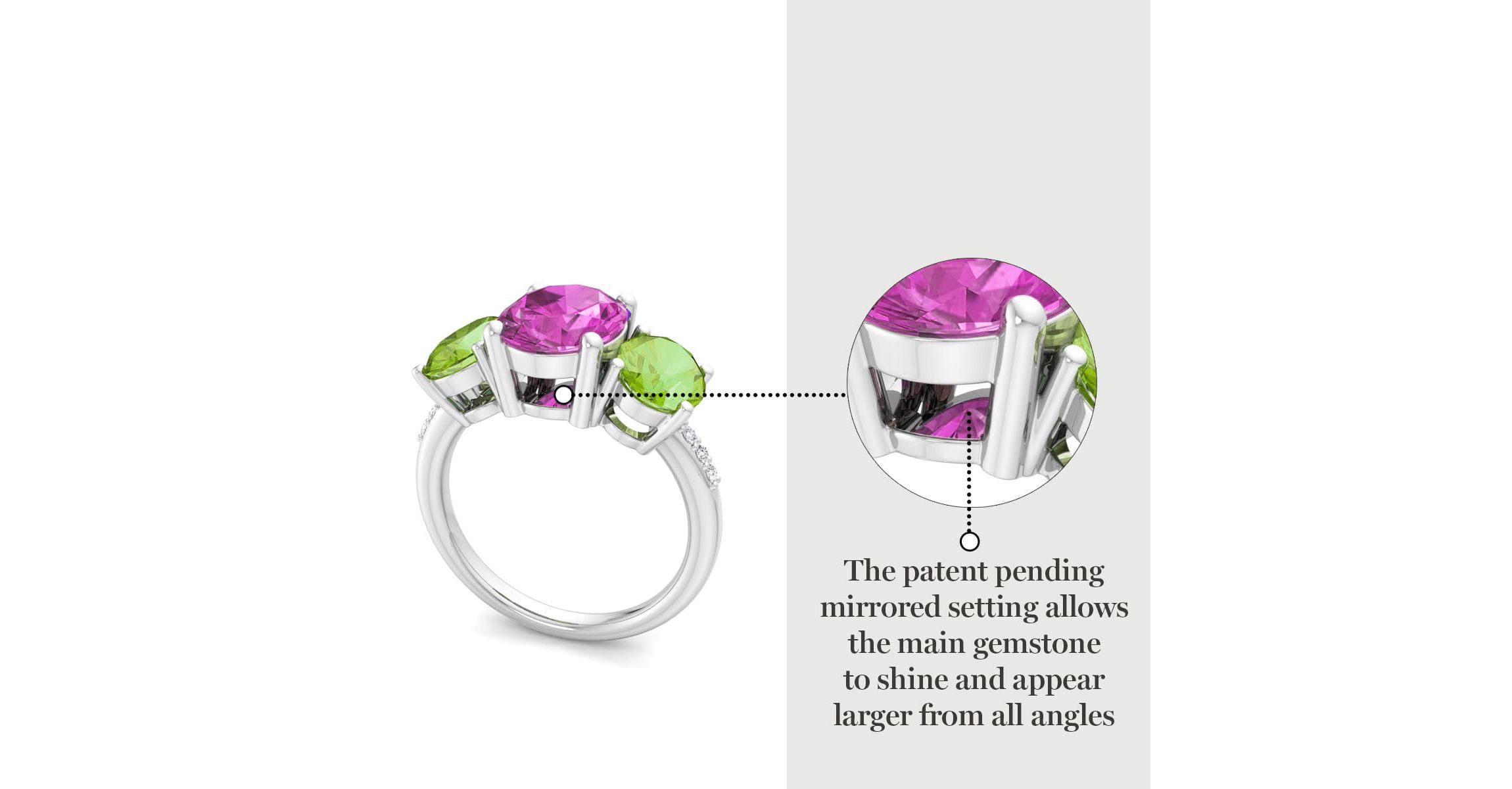 Lab Created Martha Stewart 5 Carat Oval Shape Pink Sapphire, Peridot and Lab Grown Diamond Three Stone Plus Ring In Sterling Silver