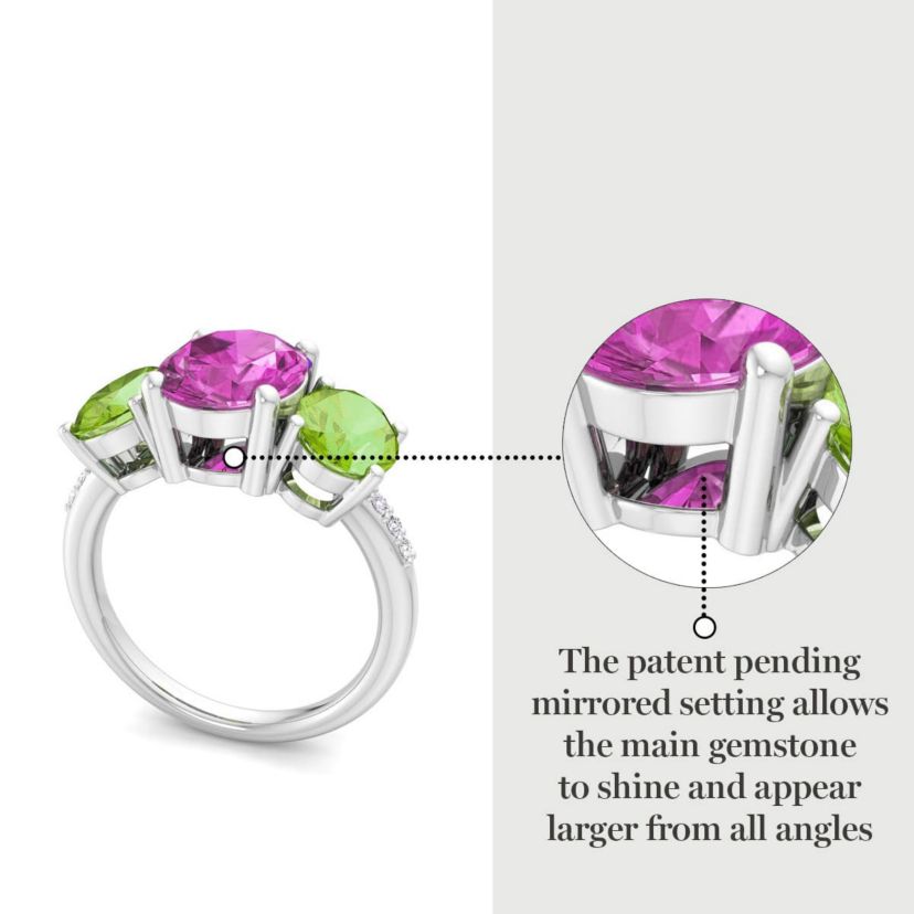 Lab Created Martha Stewart 5 Carat Oval Shape Pink Sapphire, Peridot and Lab Grown Diamond Three Stone Plus Ring In Sterling Silver