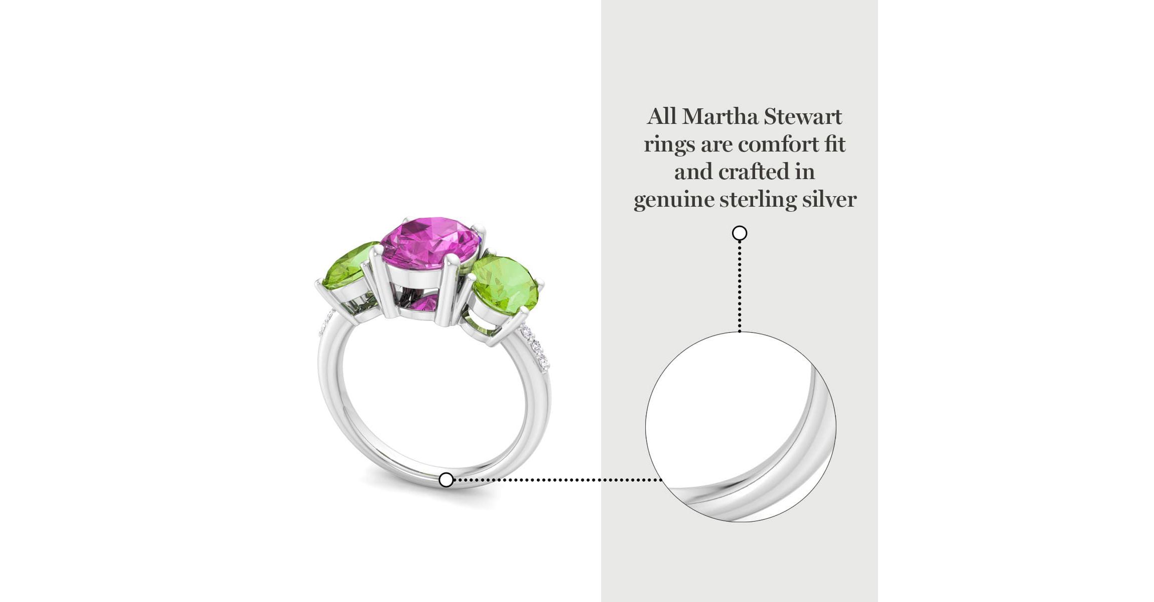 Lab Created Martha Stewart 5 Carat Oval Shape Pink Sapphire, Peridot and Lab Grown Diamond Three Stone Plus Ring In Sterling Silver