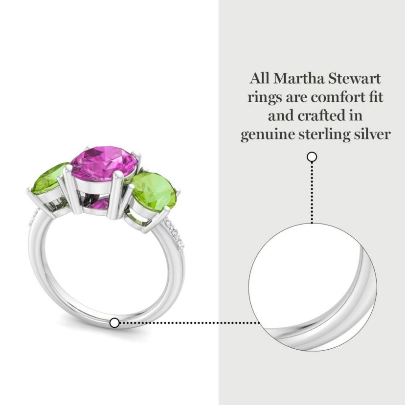 Lab Created Martha Stewart 5 Carat Oval Shape Pink Sapphire, Peridot and Lab Grown Diamond Three Stone Plus Ring In Sterling Silver
