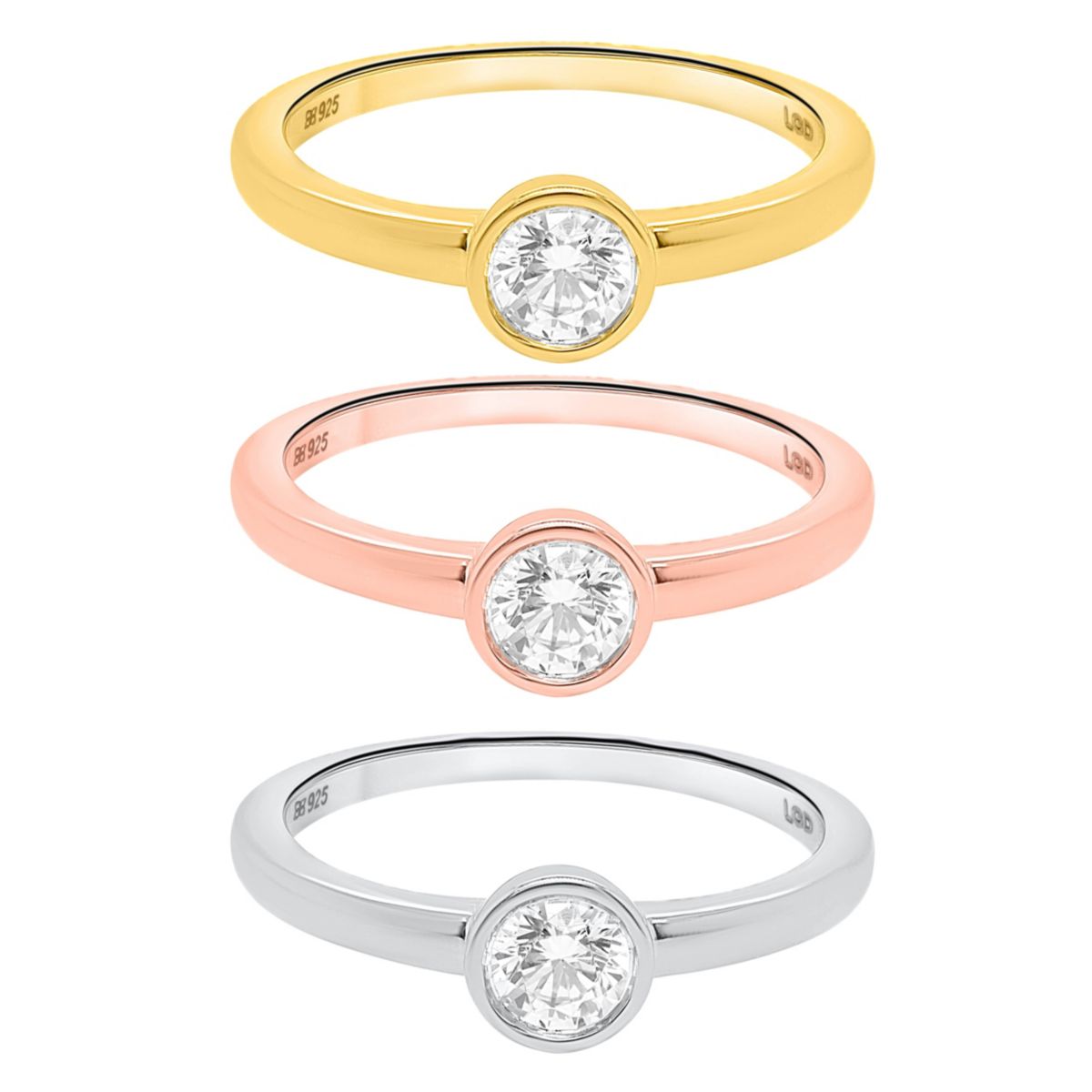 Lab Created 1CTW Lab Grown Diamond Set of Stack Rings in Three Tone Plated Sterling Silver