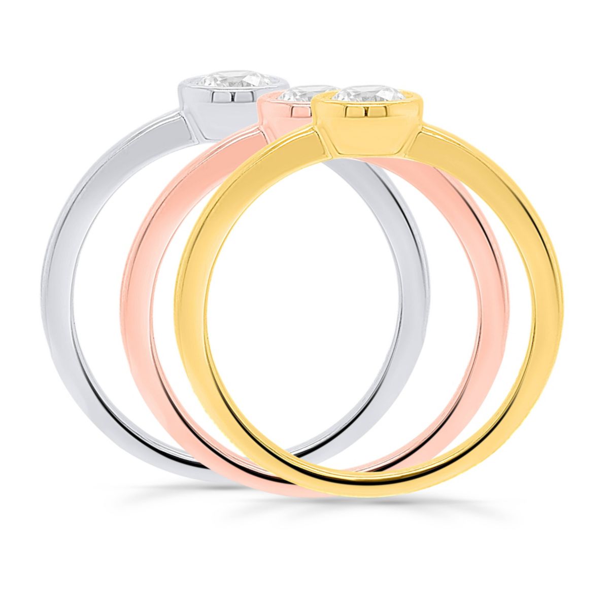 Lab Created 1CTW Lab Grown Diamond Set of Stack Rings in Three Tone Plated Sterling Silver