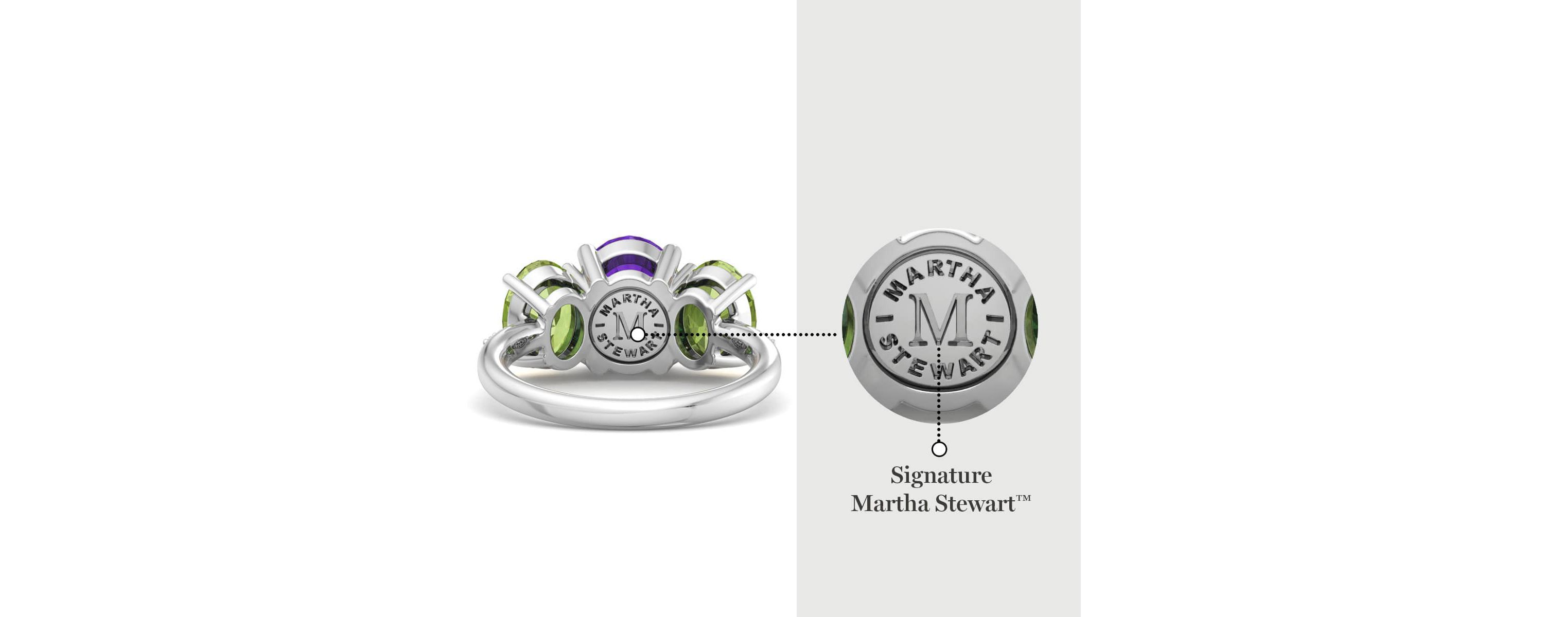 Lab Created Martha Stewart 5 Carat Oval Shape Amethyst, Peridot and Lab Grown Diamond Three Stone Plus Ring In Sterling Silver