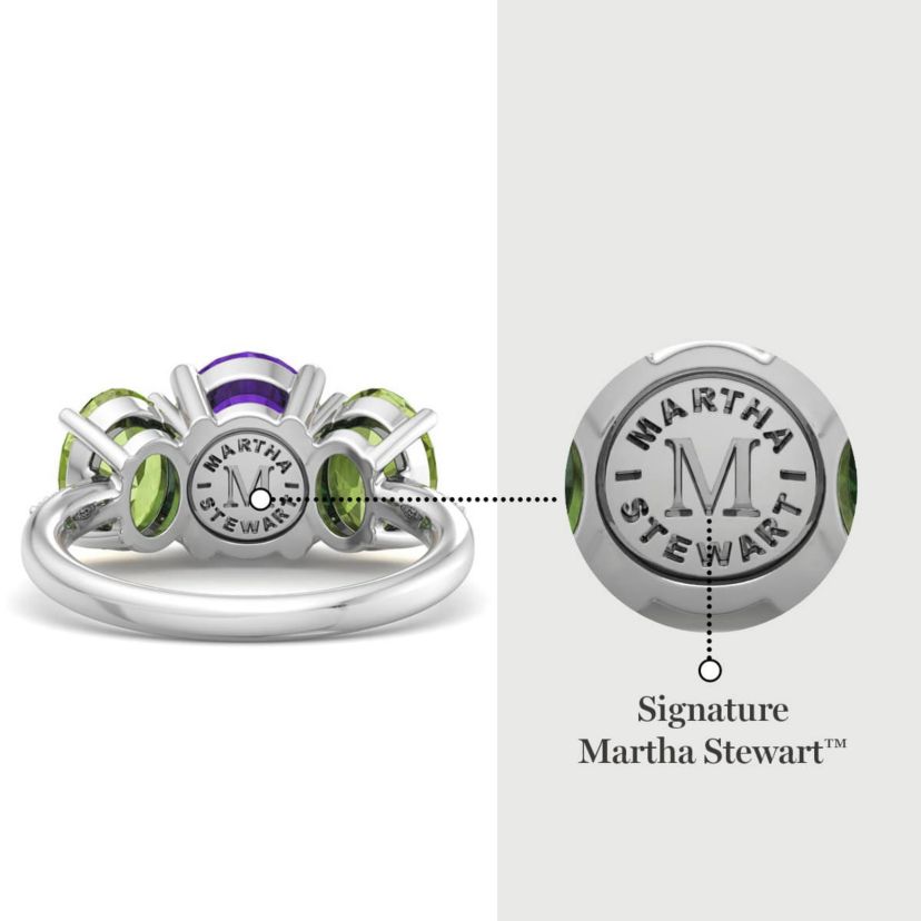 Lab Created Martha Stewart 5 Carat Oval Shape Amethyst, Peridot and Lab Grown Diamond Three Stone Plus Ring In Sterling Silver